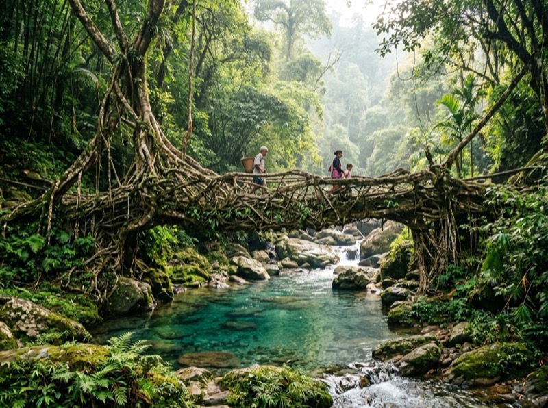 Living Root Bridge and crystal blue waterfall stream in Meghalaya